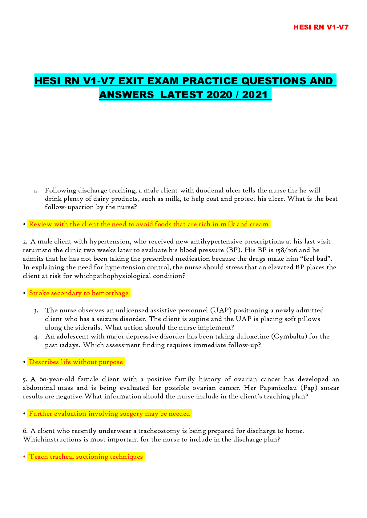 Preview image for HESI RN V1-V7 EXIT EXAM PRACTICE QUESTIONS AND ANSWERS LATEST 2020 / 2021
